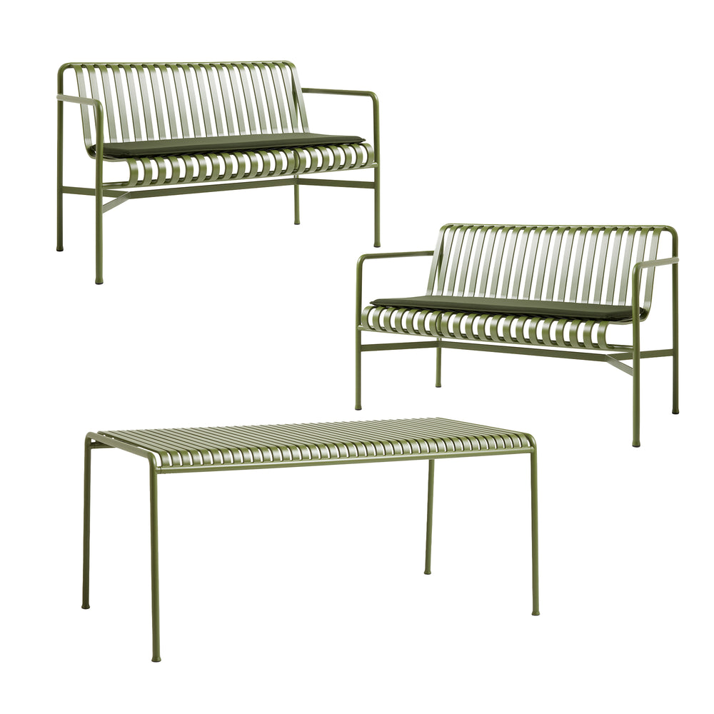 HAY - Palissade Tisch + 2x Dining Bench mit Sitzkissen | olive
