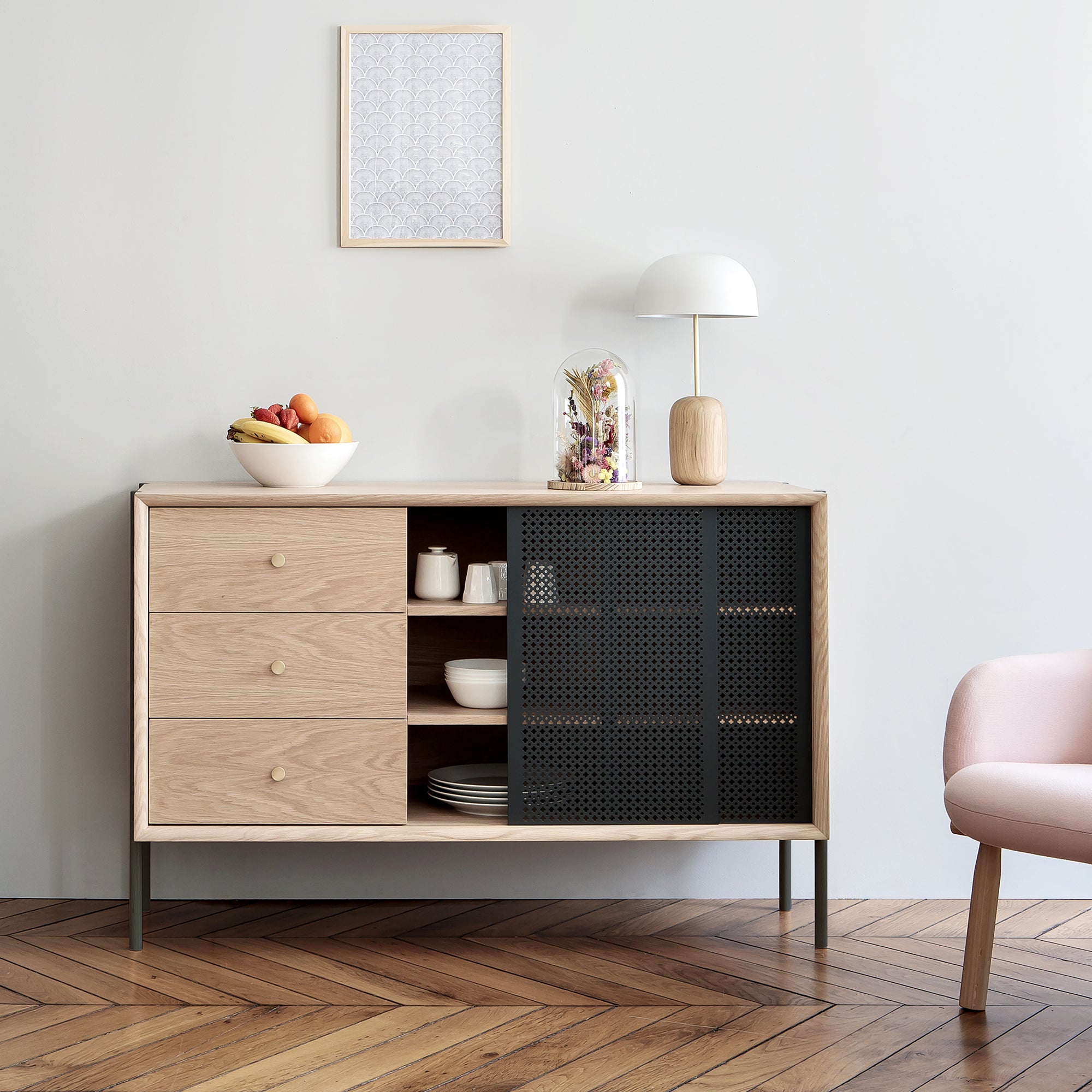 Hartô - Gabin Sideboard mit Schublade | hoch mit Schubladen / Eiche/anthrazitgrau